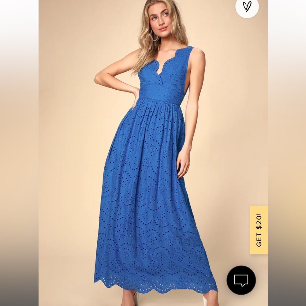 Scalloped V-Neck Blue Eyelet Maxi Dress
